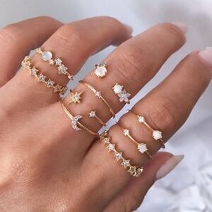 Gold Tone Celestial Stackable Ring Set | Multi-Size Boho Star Moon Rings
